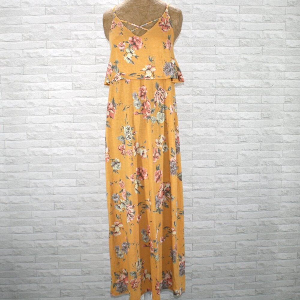 12PM BY MON AMI Dress Floral Maxi Summer Resortwear Mustard Yellow Tropical LG